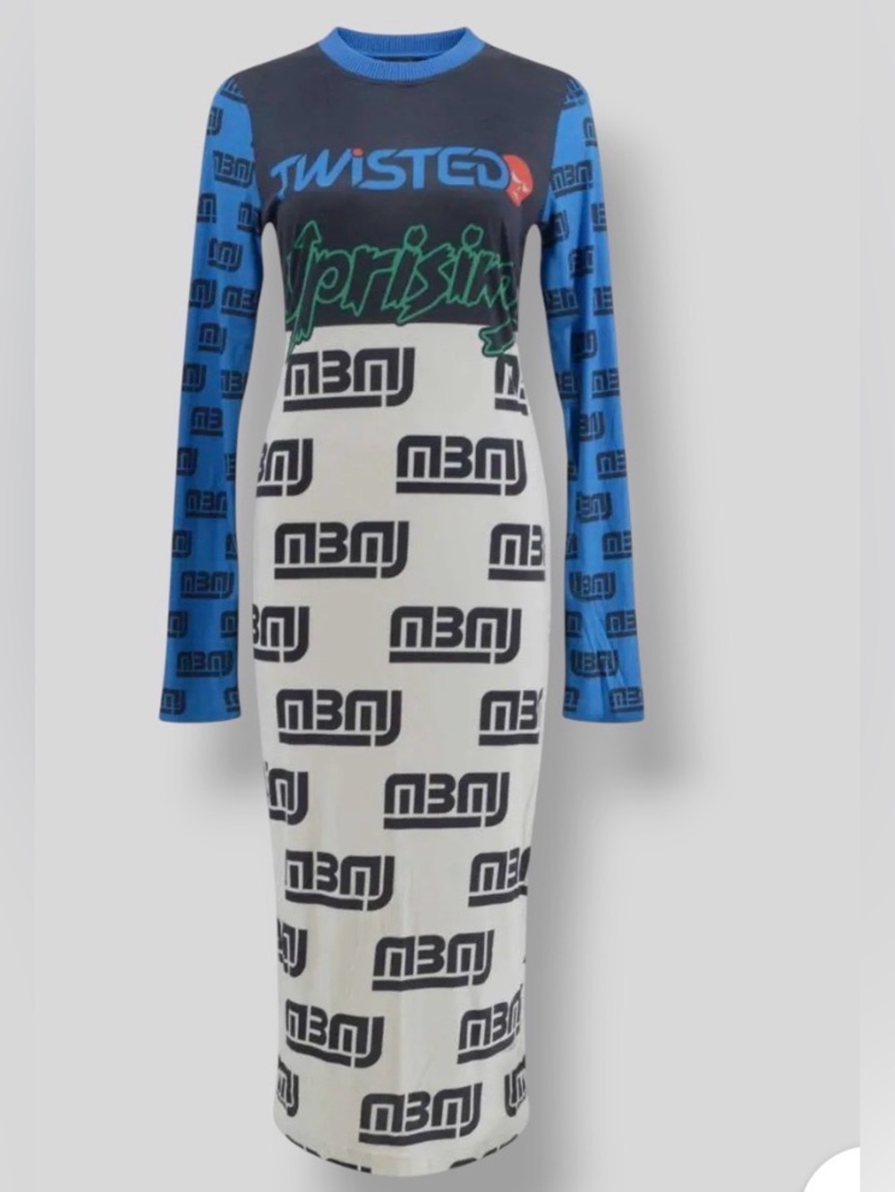 Graphic Logo Long Sleeve Midi Dress in Blue and White